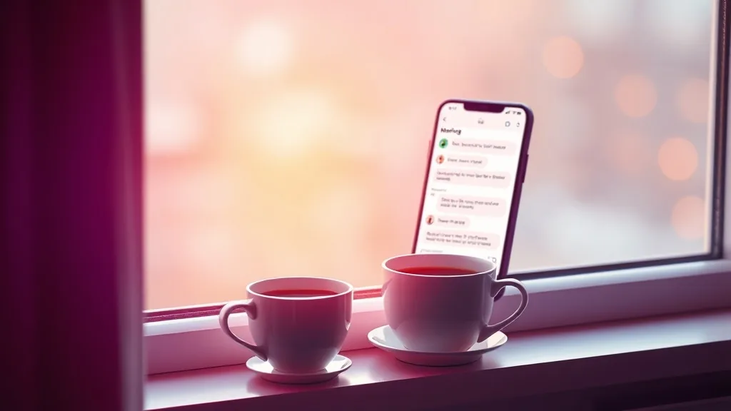 Экран смартфона с диалогом, рядом чашка кофе - спокойное утро