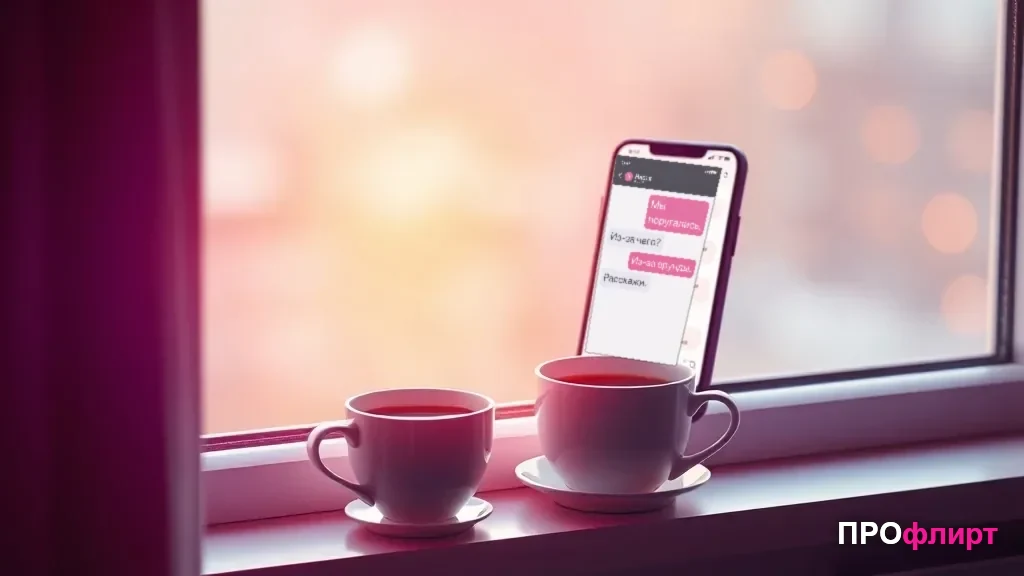Экран смартфона с диалогом, рядом чашка кофе - спокойное утро