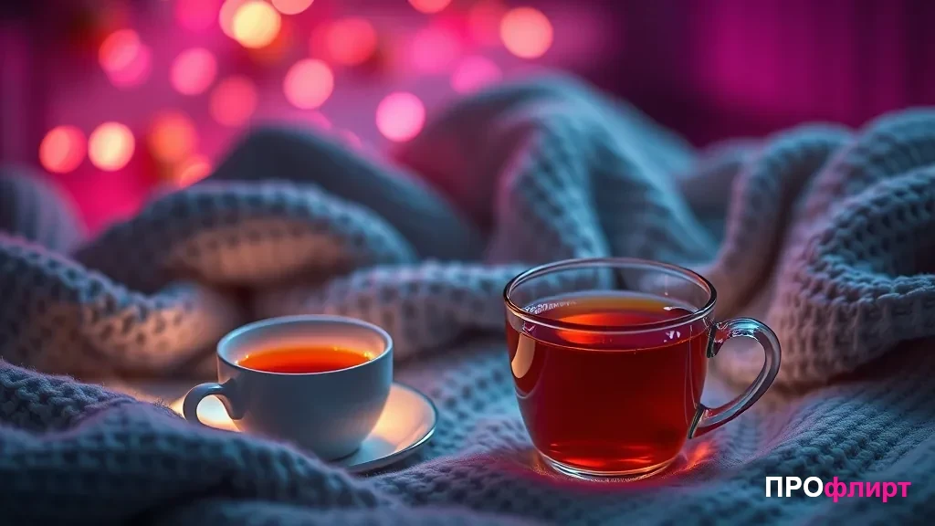 Человек с чашкой чая переписывается вечером, спокойная уютная сцена